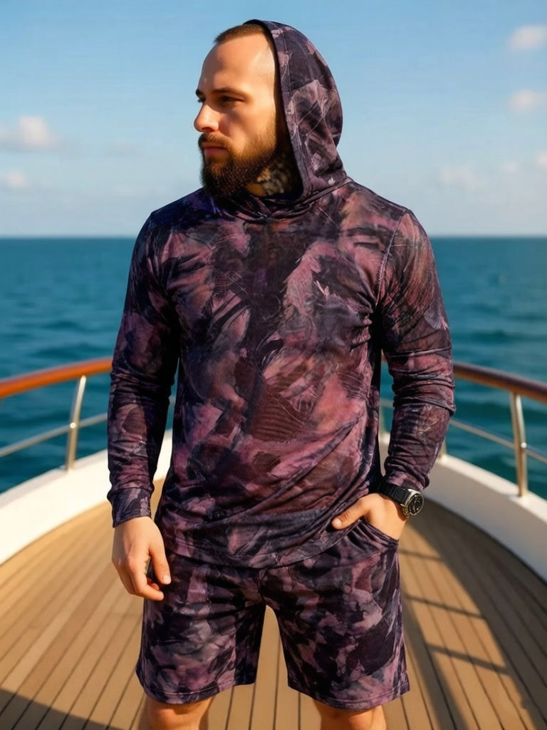 Men's Camouflage Hooded Shirt And Shorts Two-Piece Set