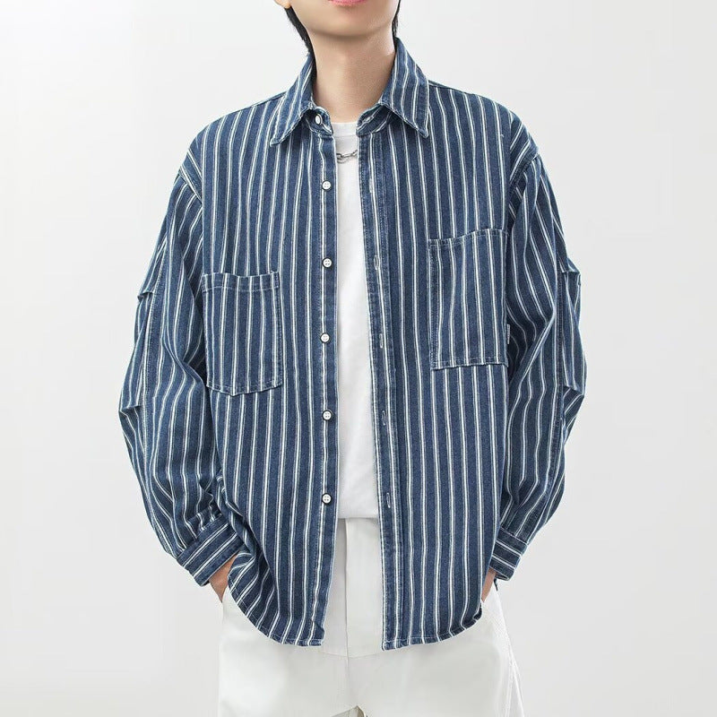 American-style Vintage Workwear Lapel-collar Loose-fit Casual Vertical-striped Shirt