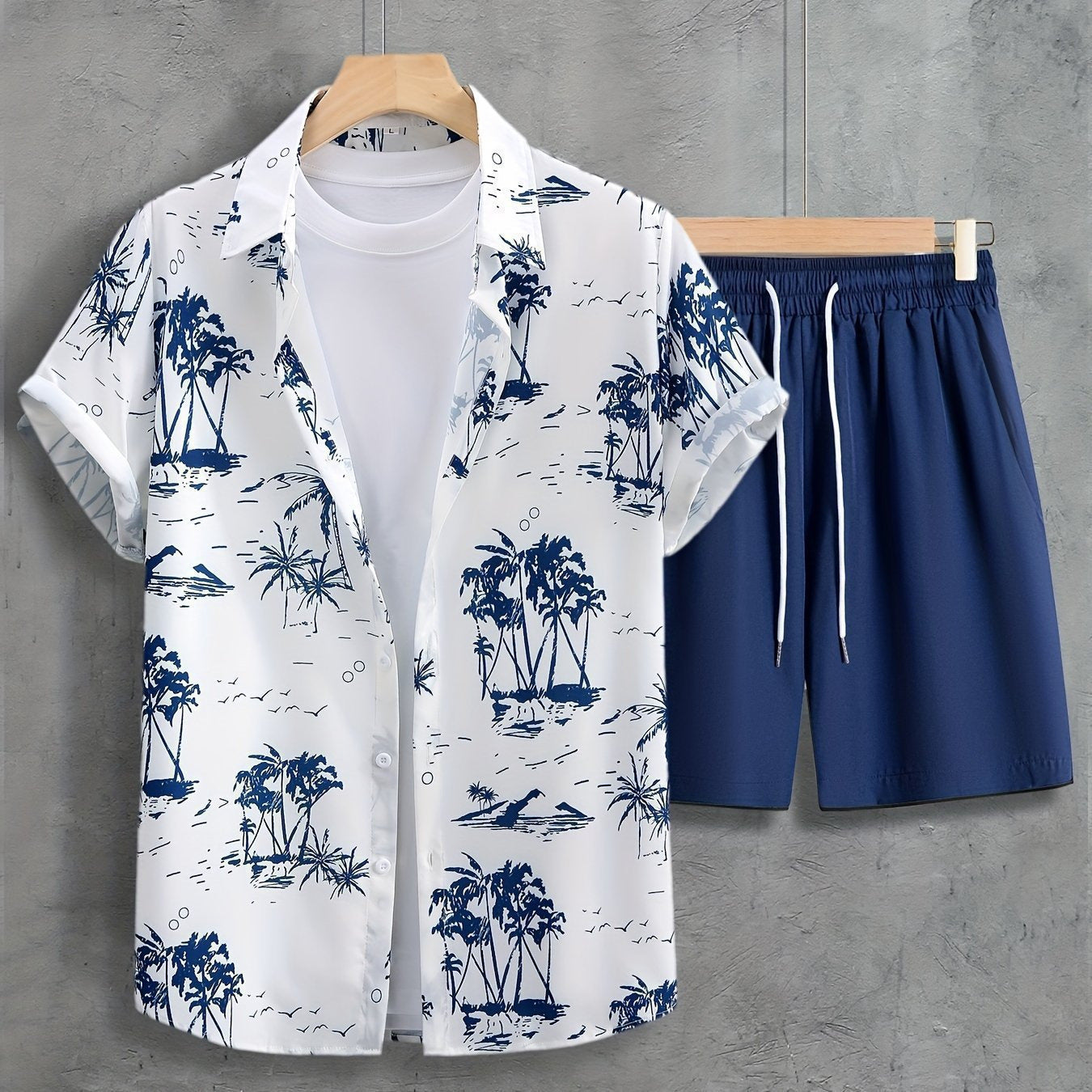 Casual Lapel-Button Hawaiian Shirt And Shorts Set For Men