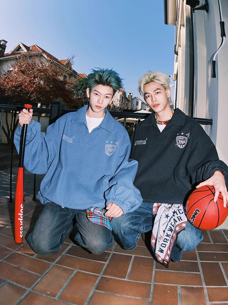 American-style V-neck Athletic Top Distressed Washed Jacket Coat