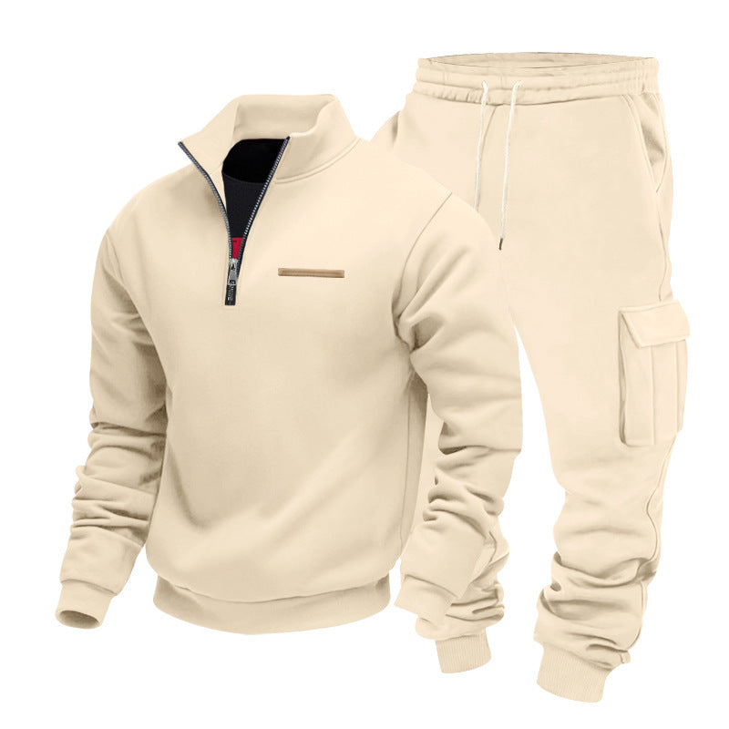 Fleece-lined Half-Zip Stand Collar Solid Color Casual Sweatshirt And Pants Set