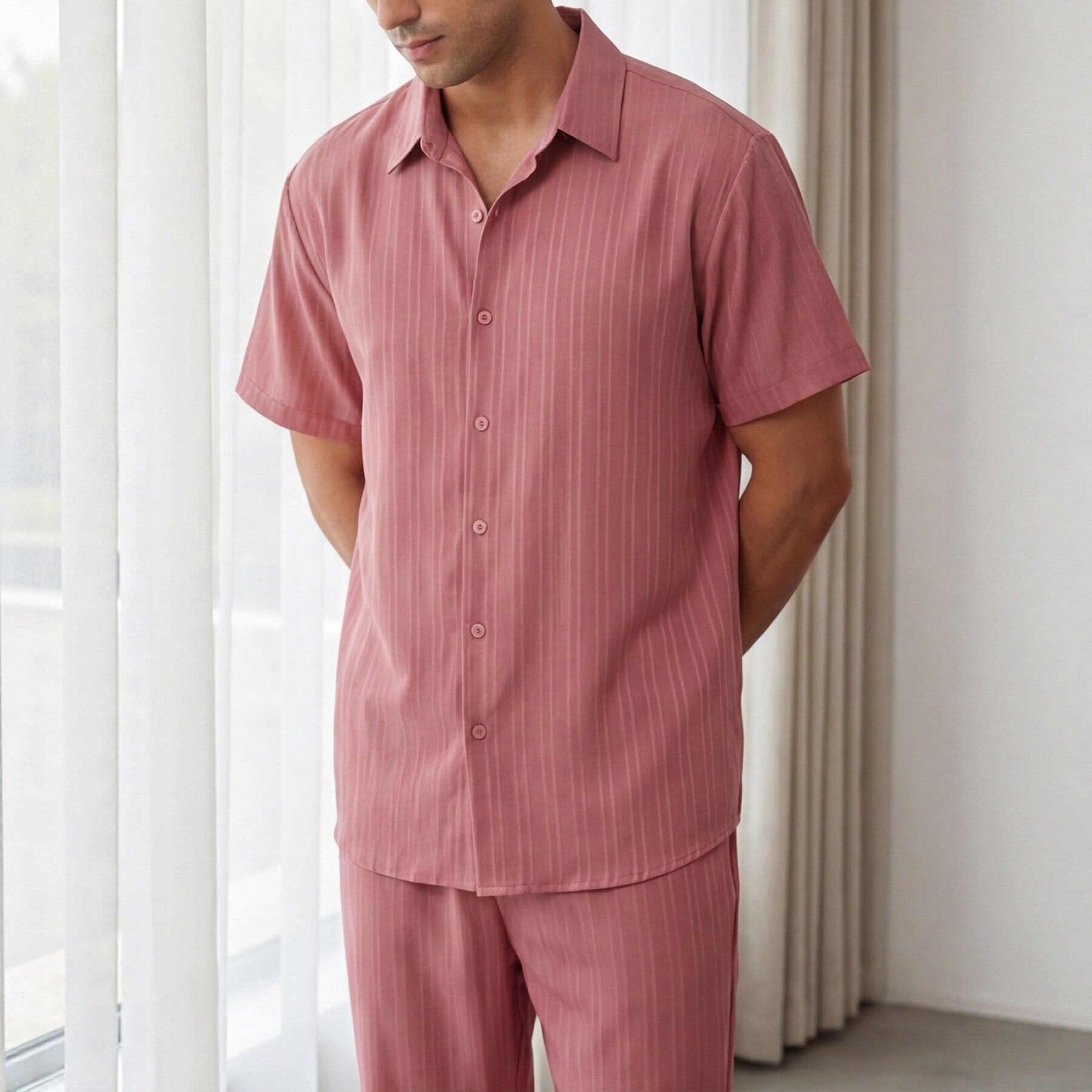 Men's Striped Short-Sleeve Pants Loungewear Set