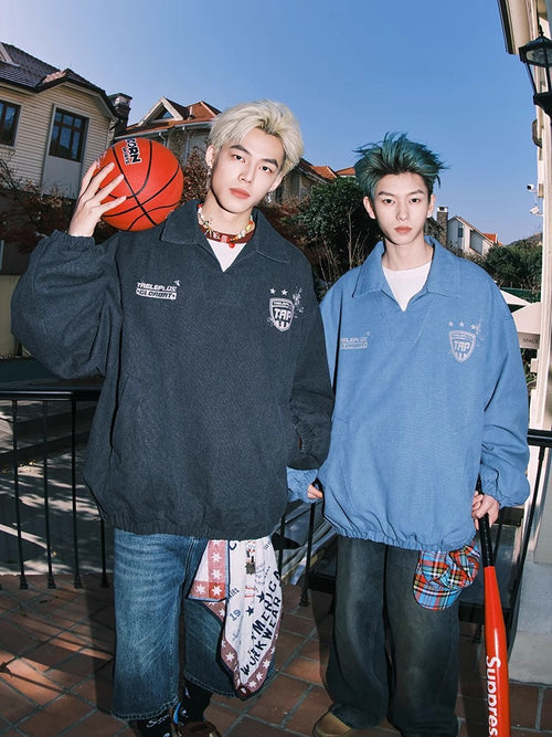 American-style V-neck Athletic Top Distressed Washed Jacket Coat