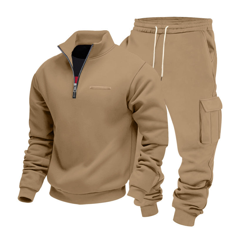 Fleece-lined Half-Zip Stand Collar Solid Color Casual Sweatshirt And Pants Set