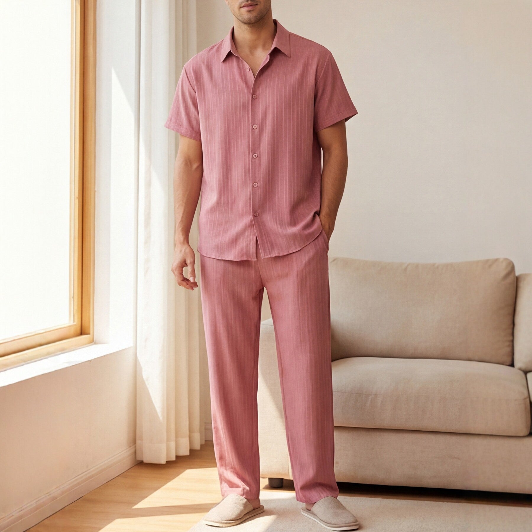 Men's Striped Short-Sleeve Pants Loungewear Set