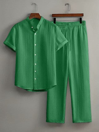 Mens Multi-Color Bamboo-Texture Wrinkle-Finish Short-Sleeve Shirt And Pants Set