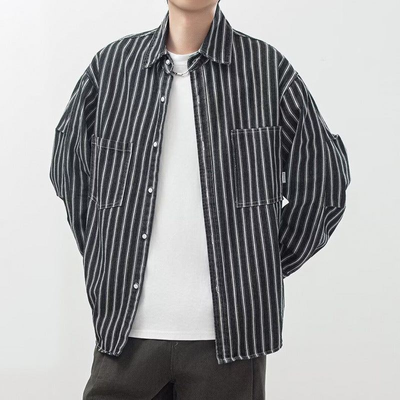 American-style Vintage Workwear Lapel-collar Loose-fit Casual Vertical-striped Shirt