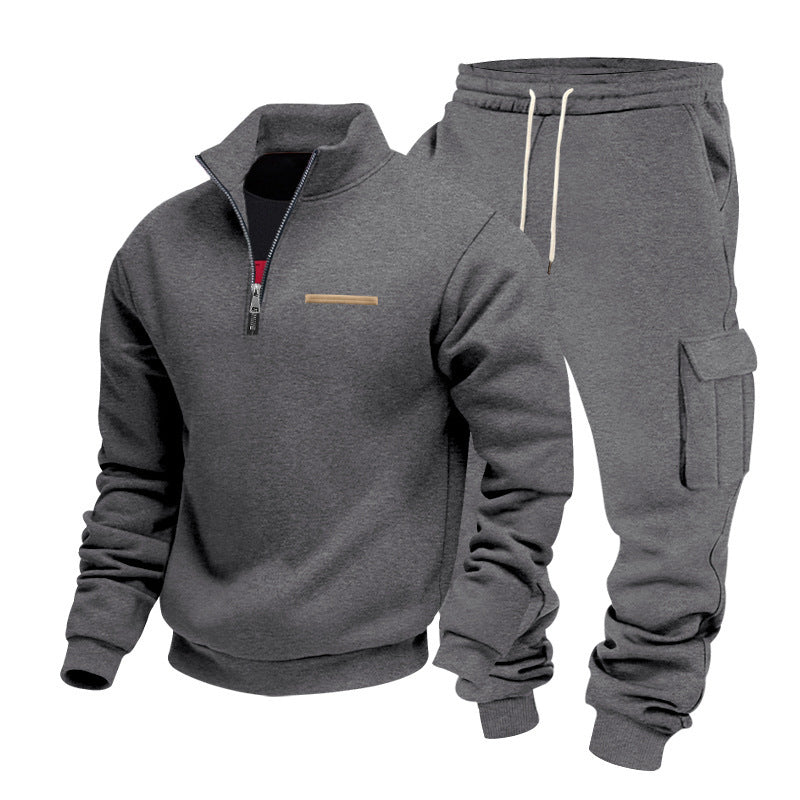 Fleece-lined Half-Zip Stand Collar Solid Color Casual Sweatshirt And Pants Set