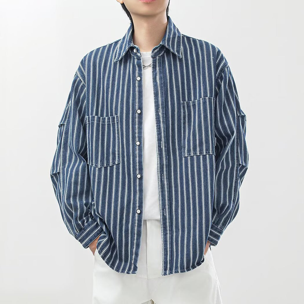 American-style Vintage Workwear Lapel-collar Loose-fit Casual Vertical-striped Shirt