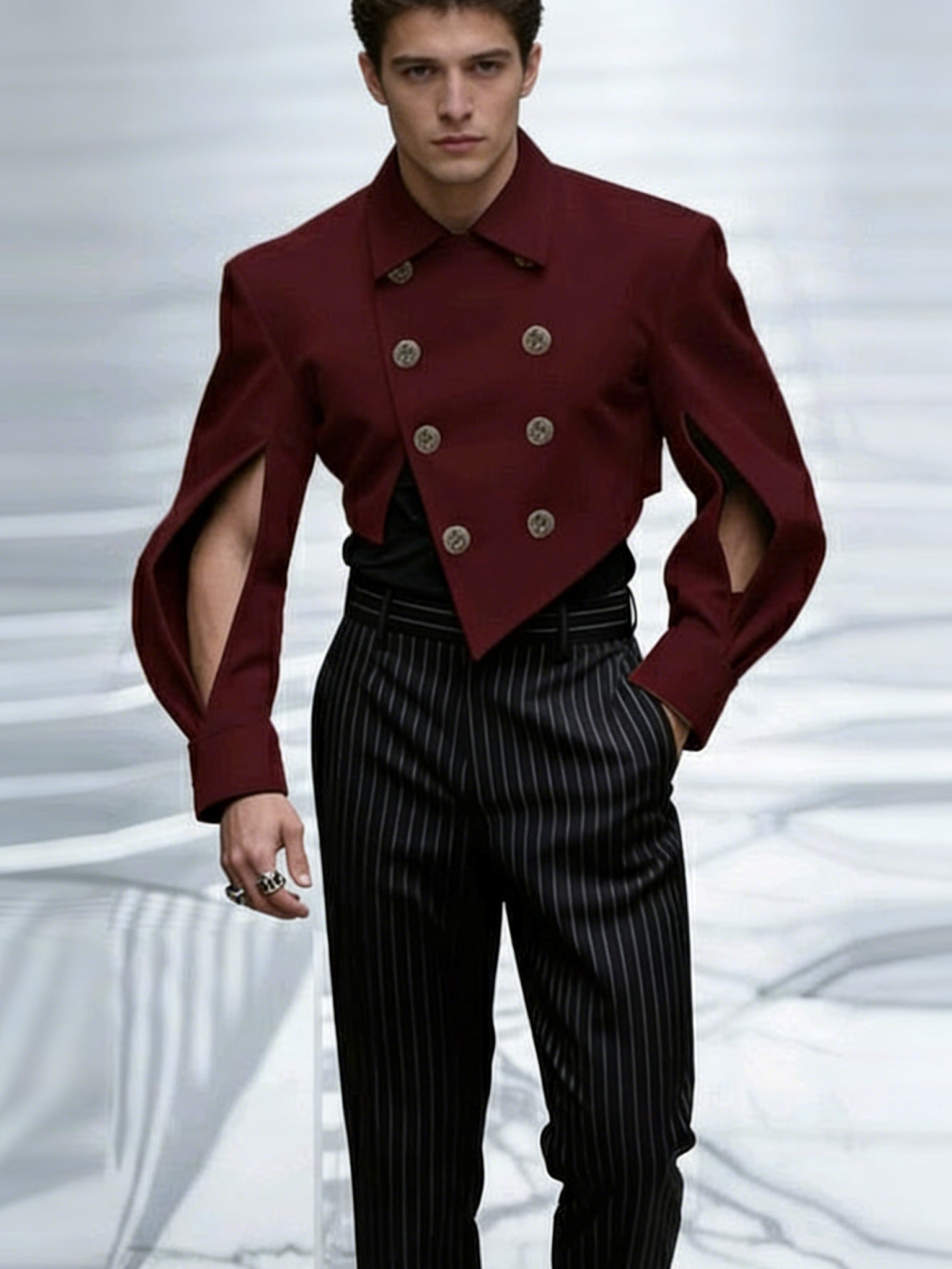 Burgundy Double Breasted Cut Out Sleeve Cropped Blazer