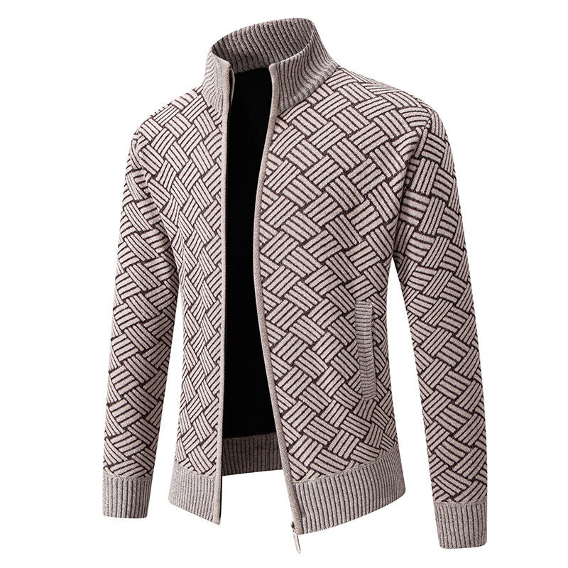 Men's Knitted Shirt With Stand Collar Zippered Cardigan Sweater