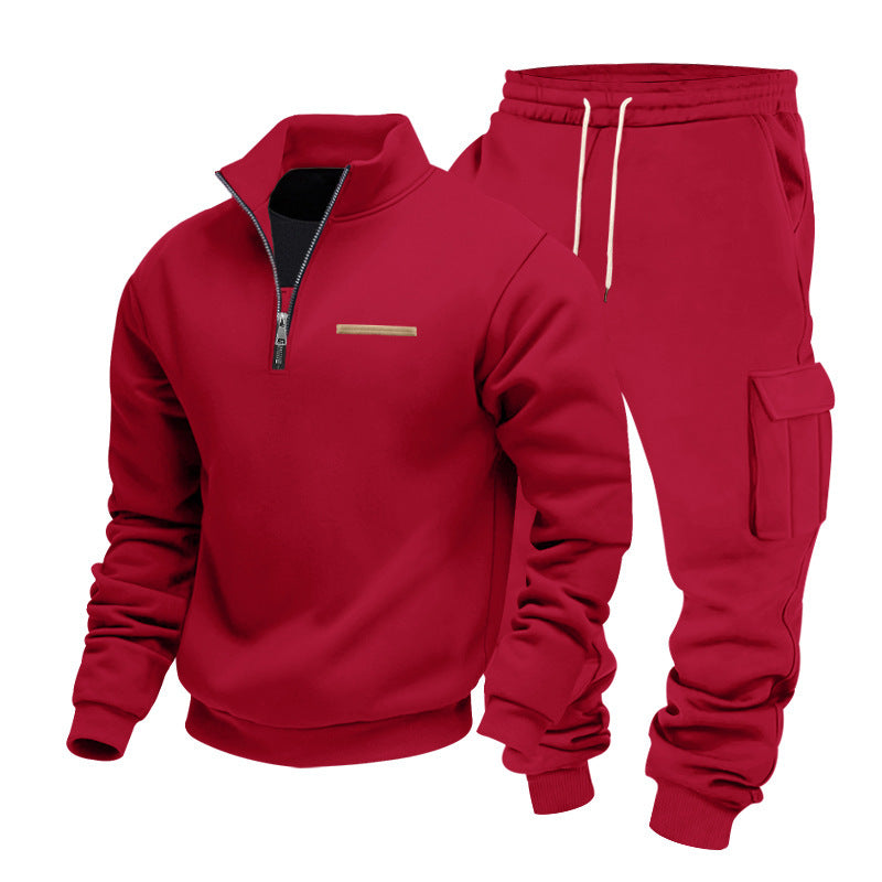 Fleece-lined Half-Zip Stand Collar Solid Color Casual Sweatshirt And Pants Set