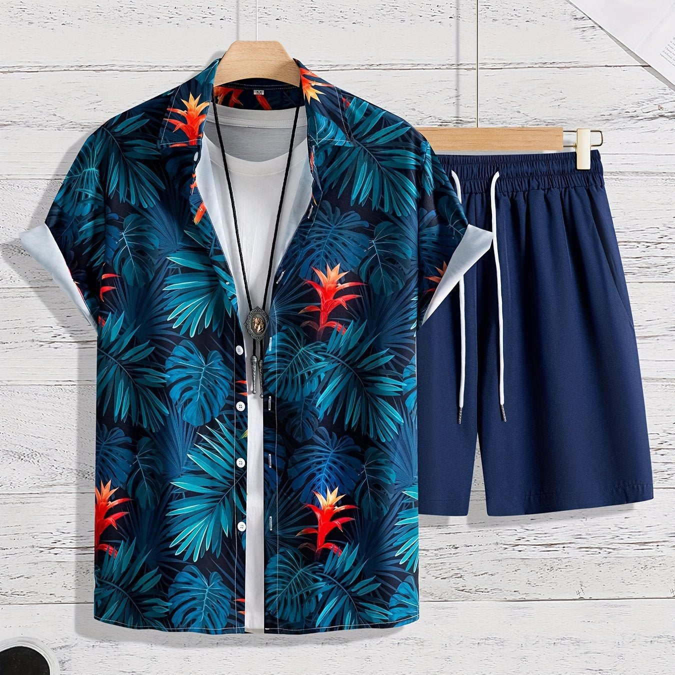 Casual Lapel-Button Hawaiian Shirt And Shorts Set For Men