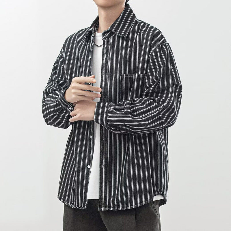 American-style Vintage Workwear Lapel-collar Loose-fit Casual Vertical-striped Shirt