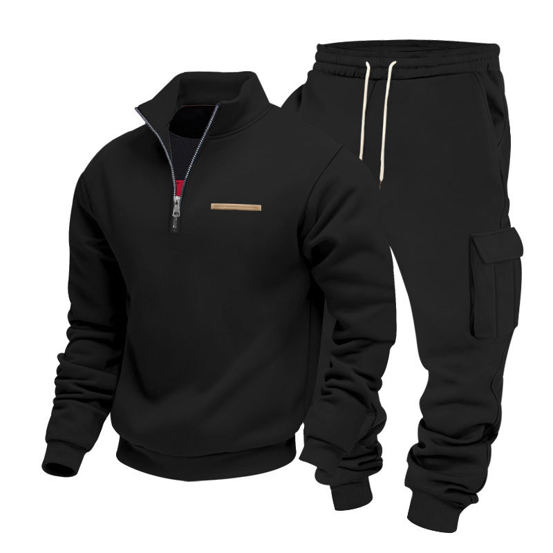 Fleece-lined Half-Zip Stand Collar Solid Color Casual Sweatshirt And Pants Set