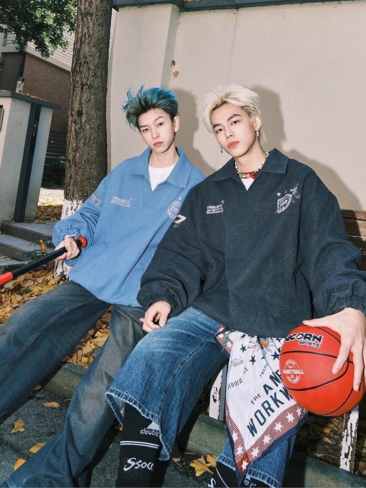 American-style V-neck Athletic Top Distressed Washed Jacket Coat