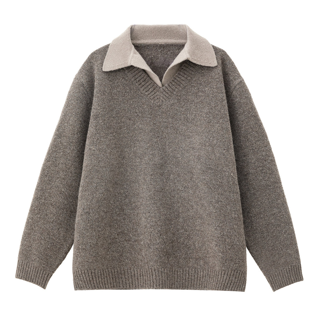 Old-money-style Faux Two-piece V-neck Polo Knit Sweater Jacket