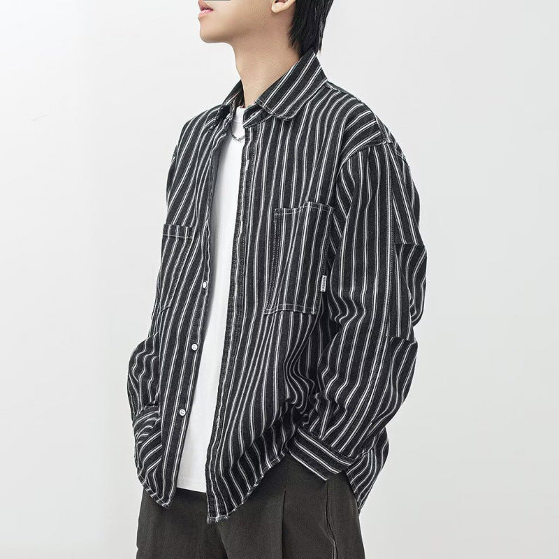 American-style Vintage Workwear Lapel-collar Loose-fit Casual Vertical-striped Shirt