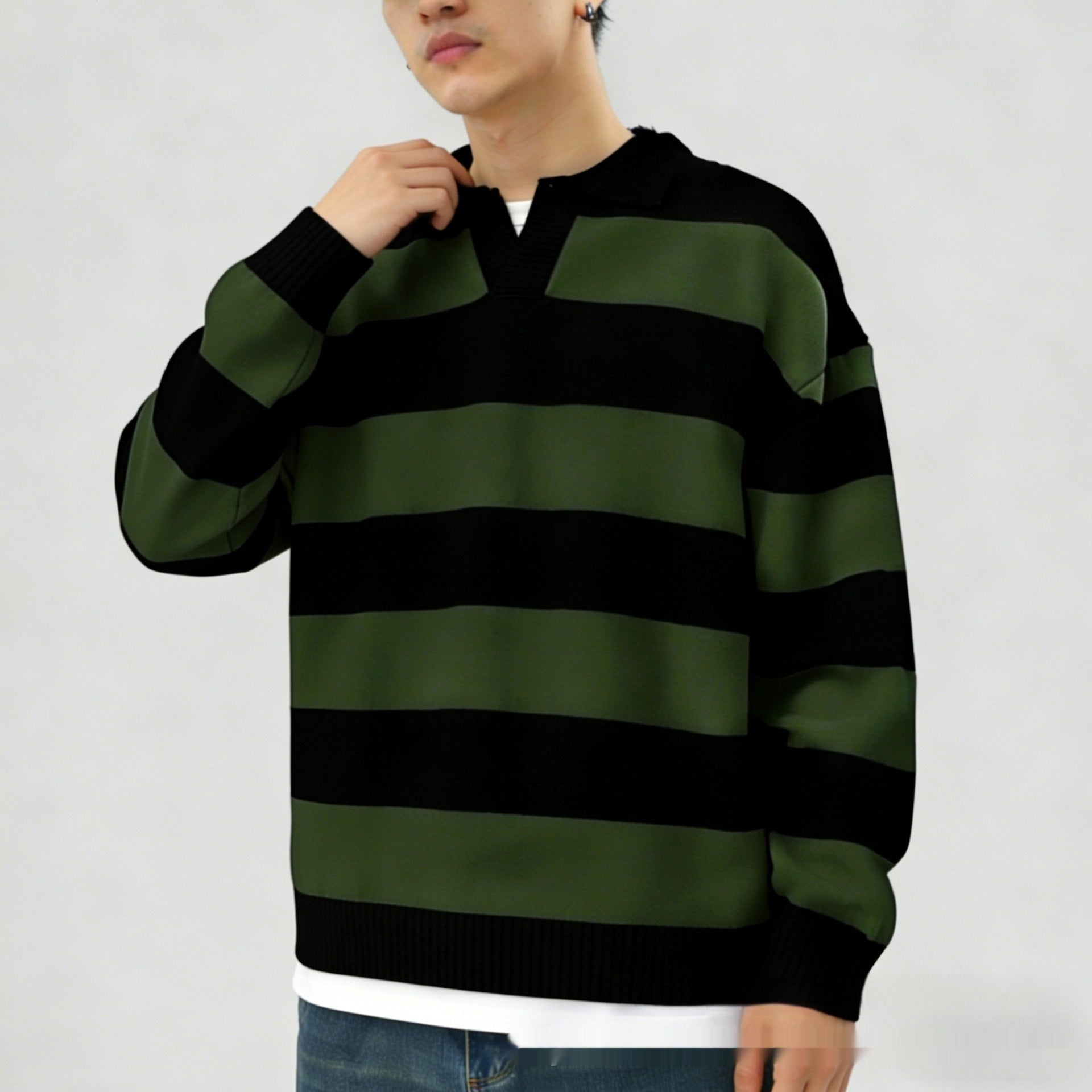 Men's Casual Spring Autumn Everyday V-Neck Pullover Contrast-Color Striped Long-Sleeve Knit Sweater