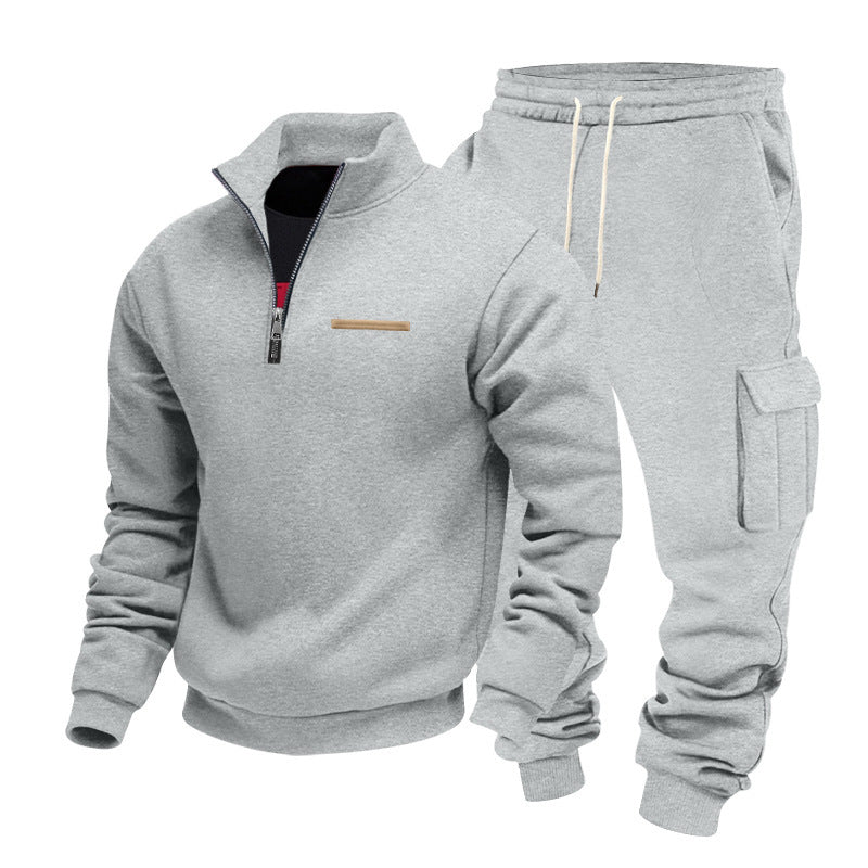Fleece-lined Half-Zip Stand Collar Solid Color Casual Sweatshirt And Pants Set