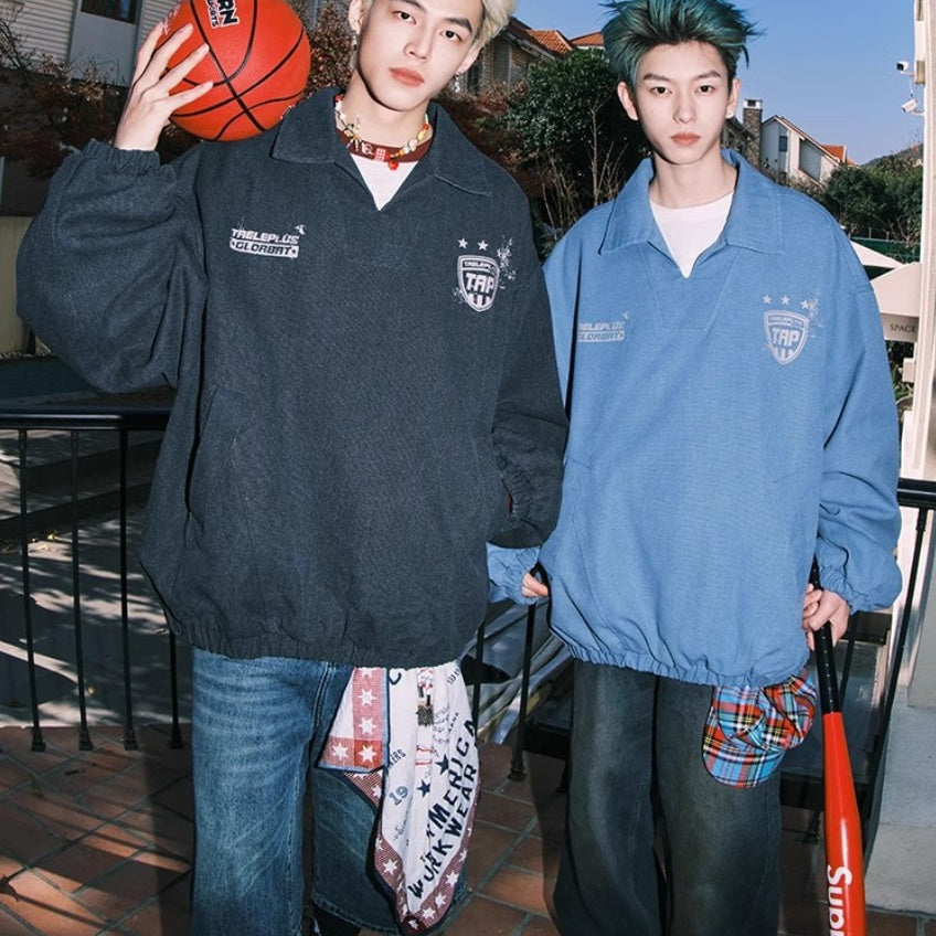 American-style V-neck Athletic Top Distressed Washed Jacket Coat