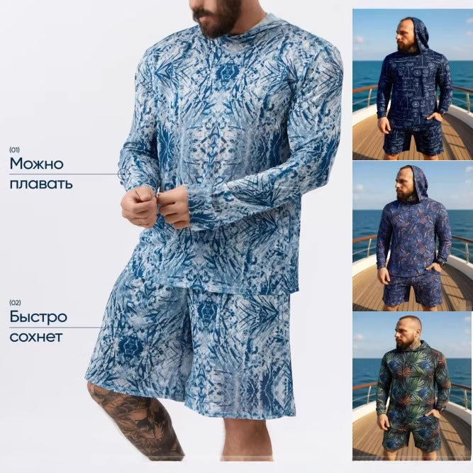 Men's Camouflage Hooded Shirt And Shorts Two-Piece Set