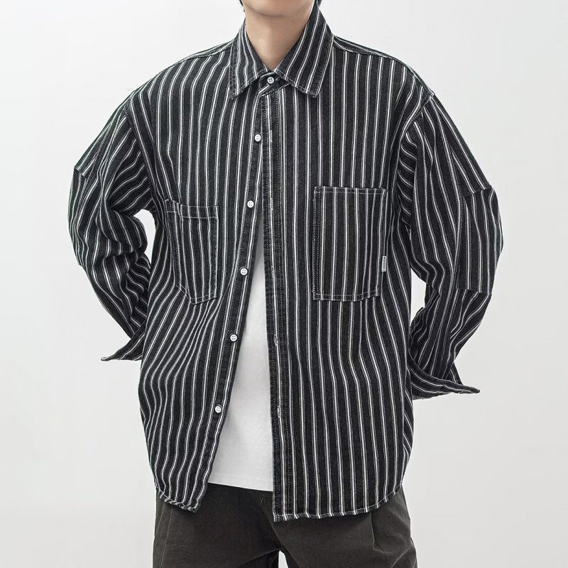 American-style Vintage Workwear Lapel-collar Loose-fit Casual Vertical-striped Shirt