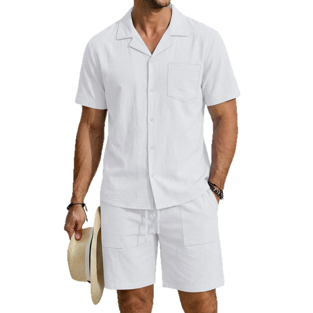Men's Vacation Cotton-Linen Casual Loose-Fit Long-Sleeve Shirt And Beach Shorts Set