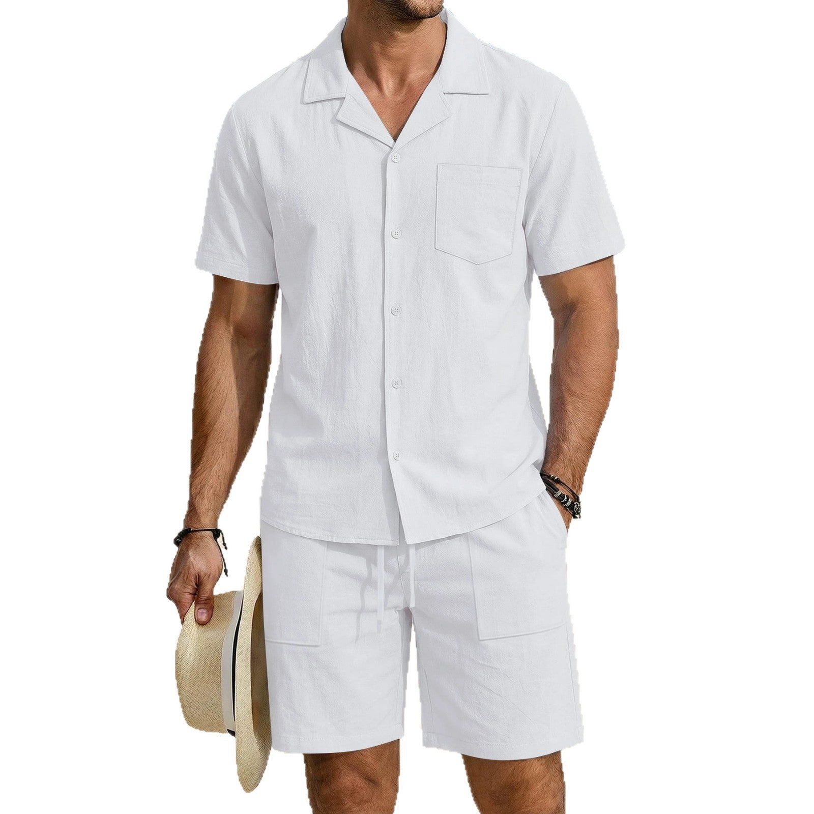 Men's Vacation Cotton-Linen Casual Loose-Fit Long-Sleeve Shirt And Beach Shorts Set