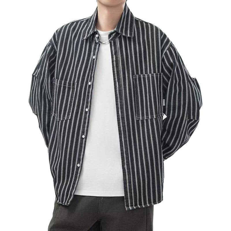 American-style Vintage Workwear Lapel-collar Loose-fit Casual Vertical-striped Shirt