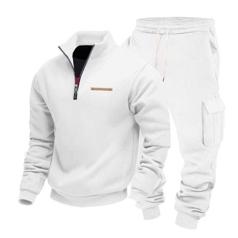 Fleece-lined Half-Zip Stand Collar Solid Color Casual Sweatshirt And Pants Set