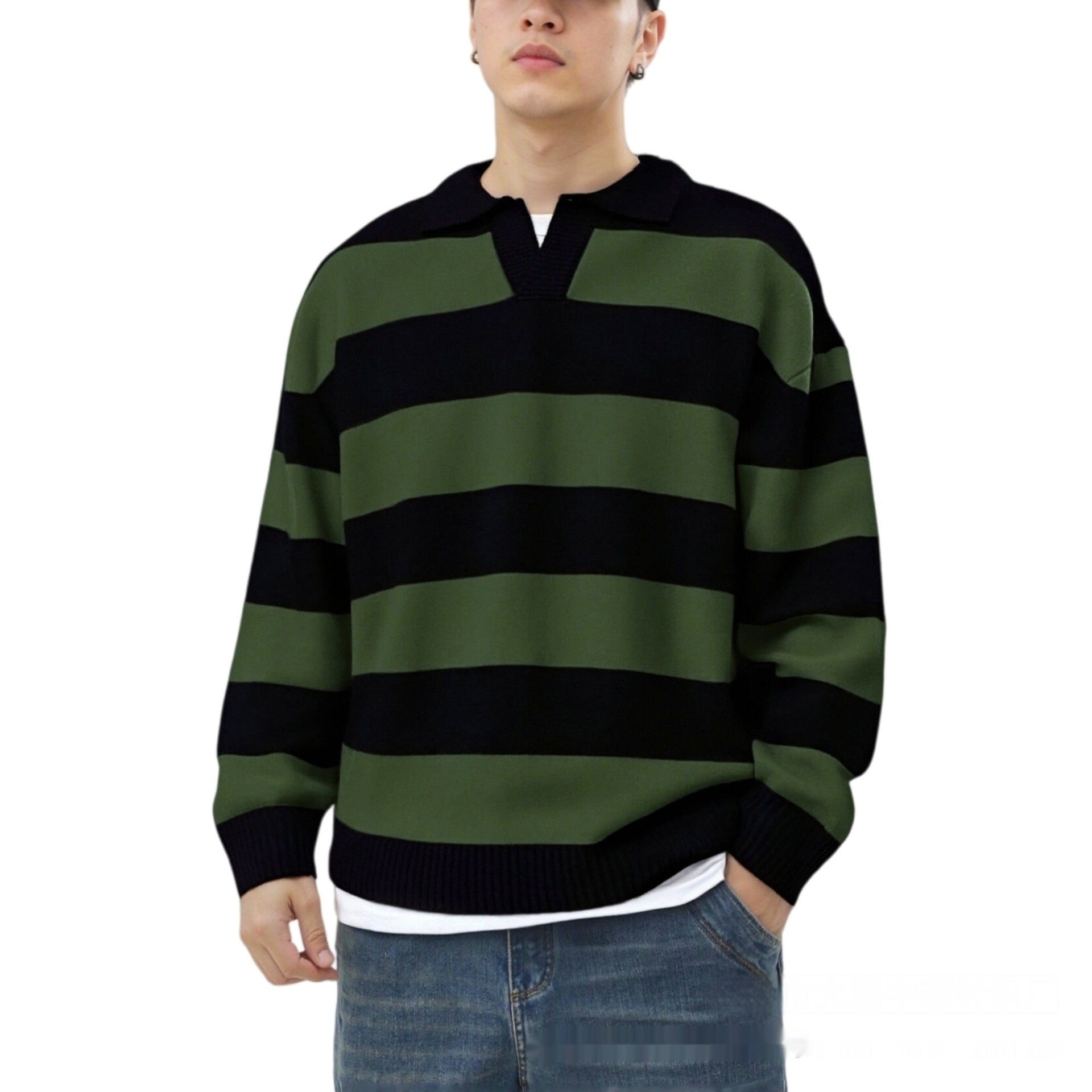 Men's Casual Spring Autumn Everyday V-Neck Pullover Contrast-Color Striped Long-Sleeve Knit Sweater
