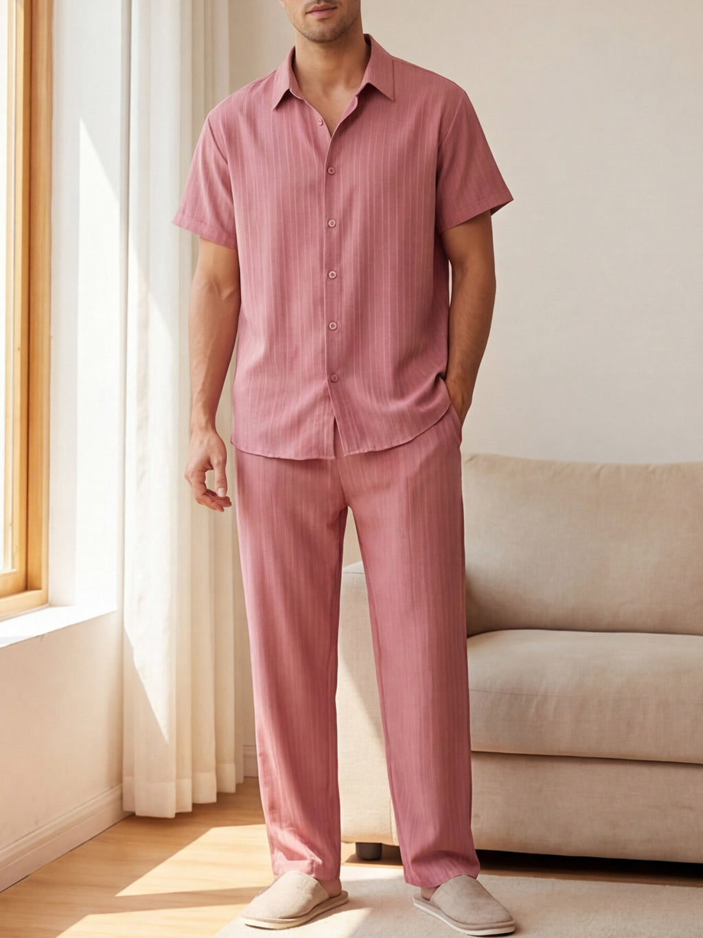 Men's Striped Short-Sleeve Pants Loungewear Set