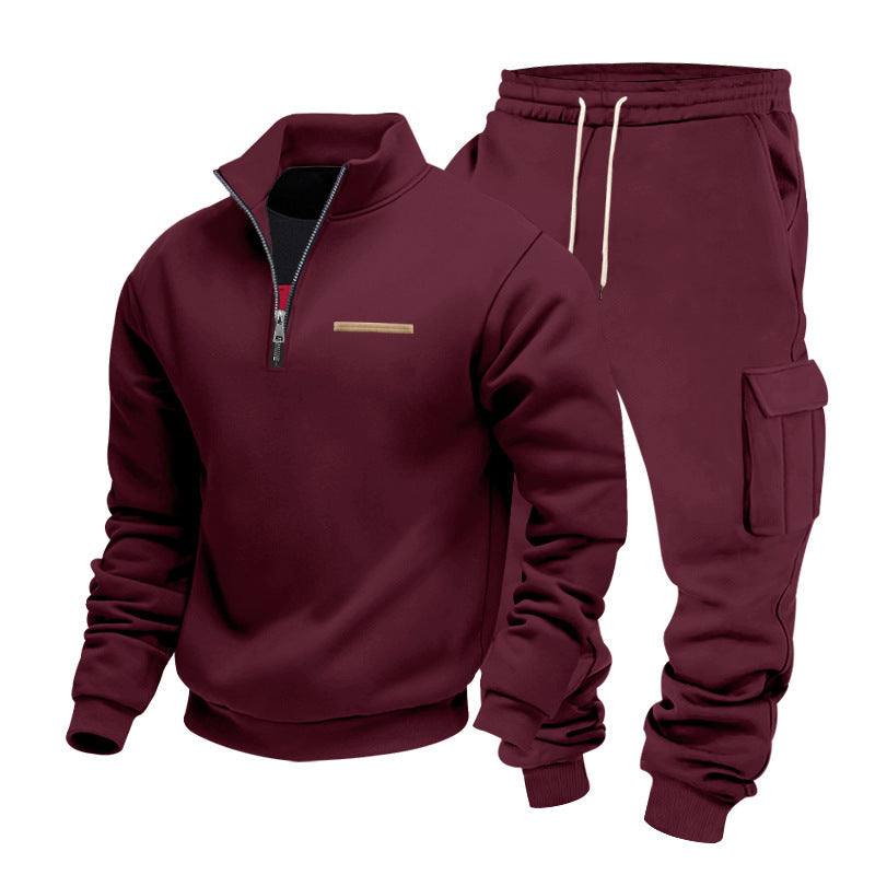 Fleece-lined Half-Zip Stand Collar Solid Color Casual Sweatshirt And Pants Set