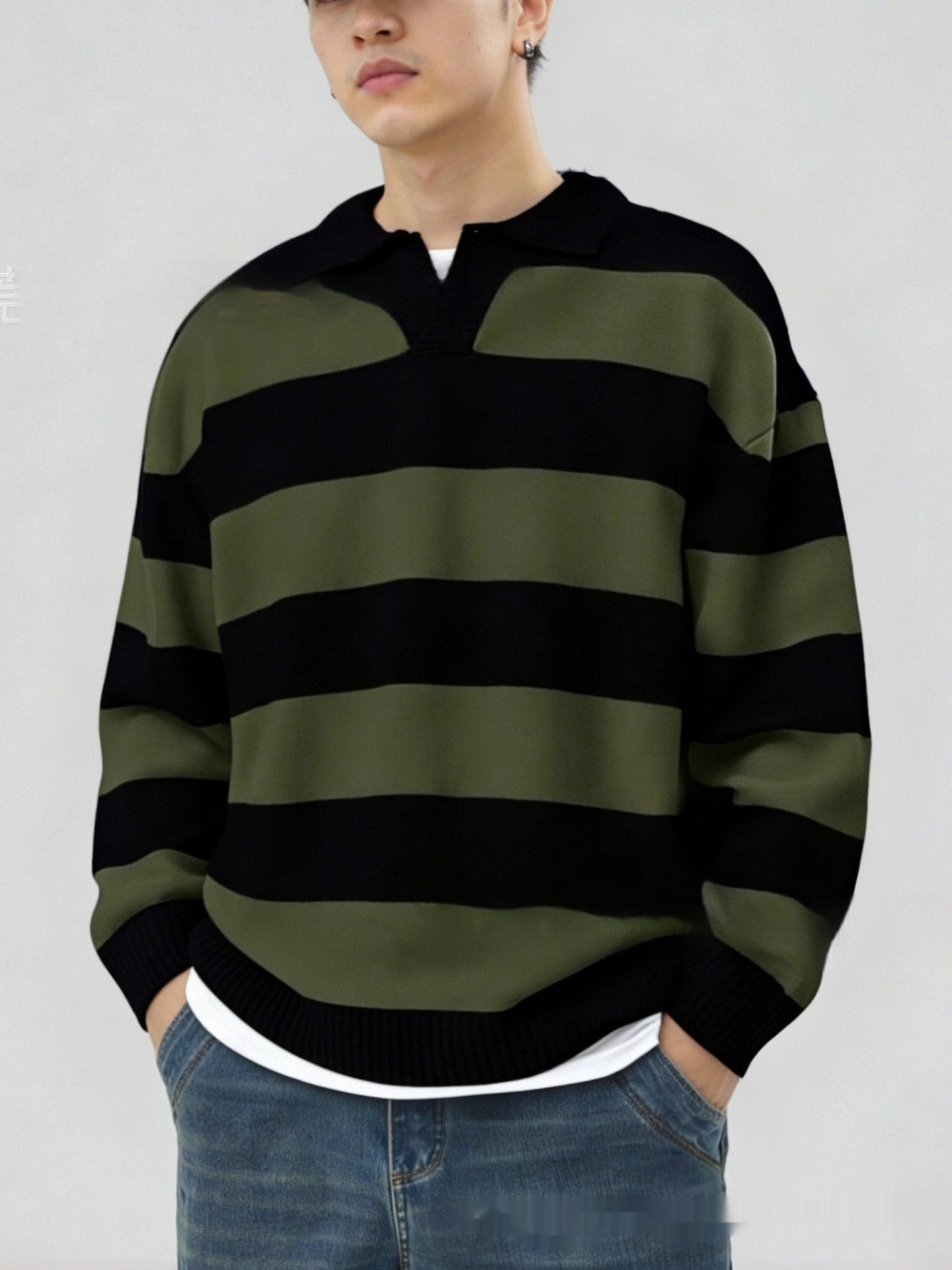 Men's Casual Spring Autumn Everyday V-Neck Pullover Contrast-Color Striped Long-Sleeve Knit Sweater
