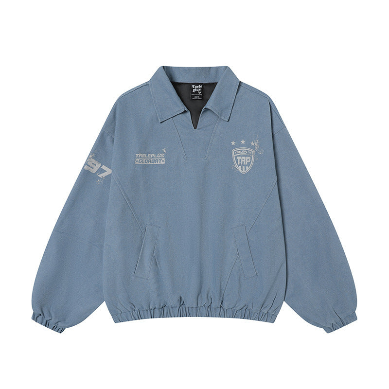 American-style V-neck Athletic Top Distressed Washed Jacket Coat