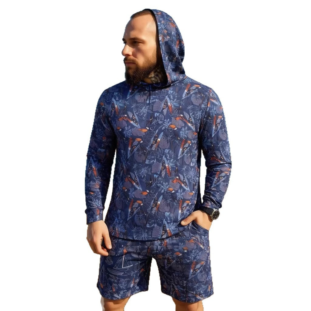 Men's Camouflage Hooded Shirt And Shorts Two-Piece Set
