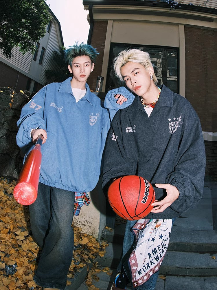 American-style V-neck Athletic Top Distressed Washed Jacket Coat