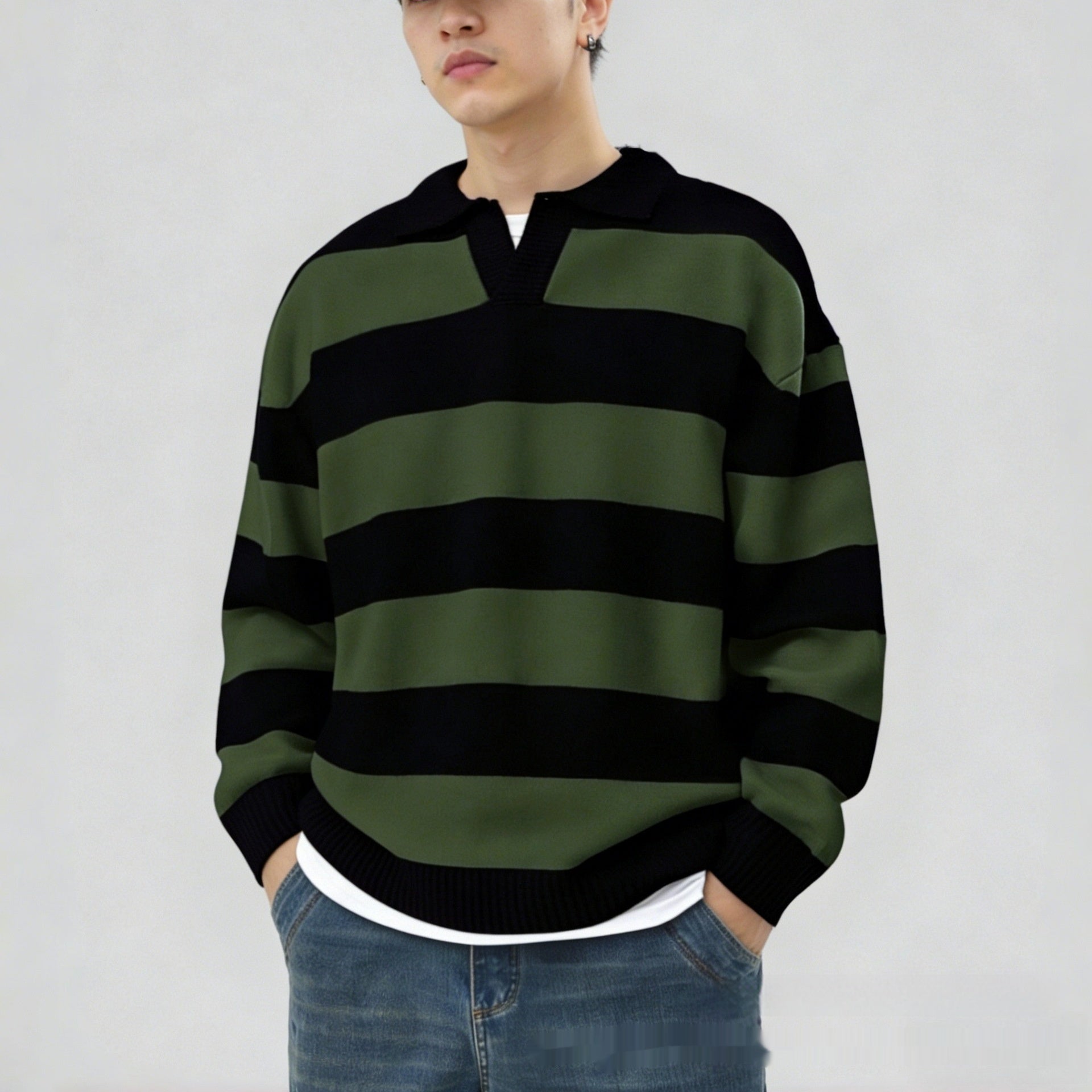 Men's Casual Spring Autumn Everyday V-Neck Pullover Contrast-Color Striped Long-Sleeve Knit Sweater