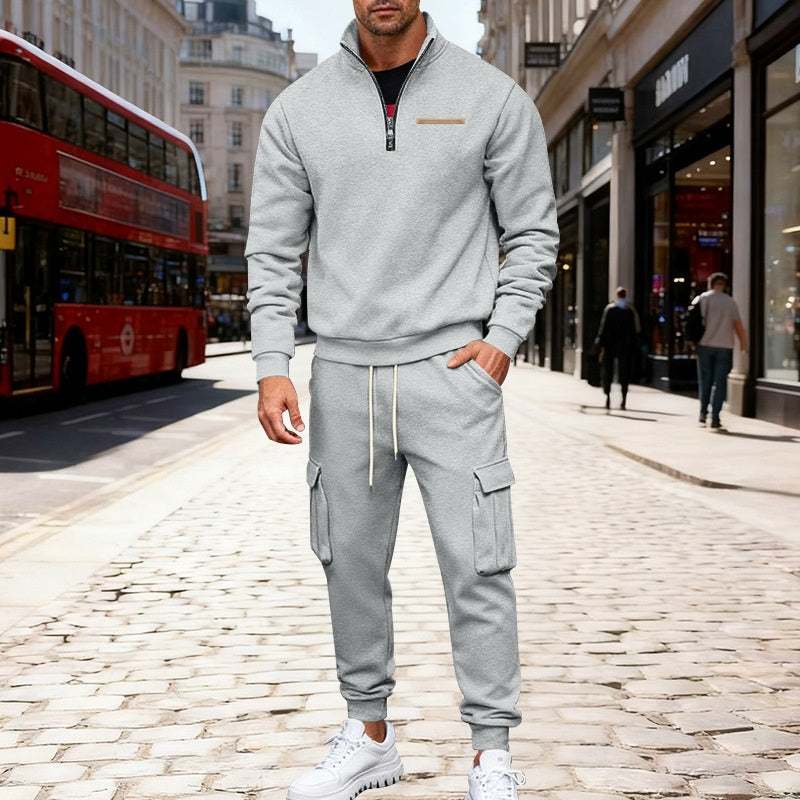 Fleece-lined Half-Zip Stand Collar Solid Color Casual Sweatshirt And Pants Set